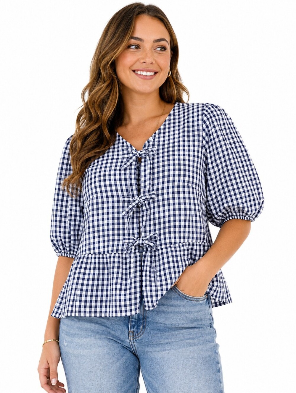 VIGOSS Gingham Tie-Front Peplum Top – Size Large